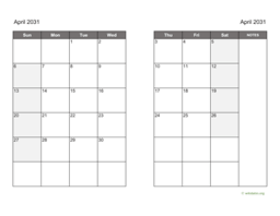 April 2031 Calendar on two pages