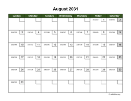 August 2031 Calendar with Day Numbers