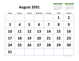 August 2031 Calendar with Extra-large Dates