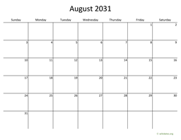 August 2031 Calendar with Bigger boxes