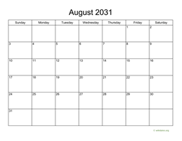 Basic Calendar for August 2031