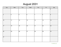 August 2031 Calendar with Weekend Shaded