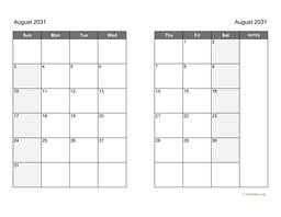 August 2031 Calendar on two pages