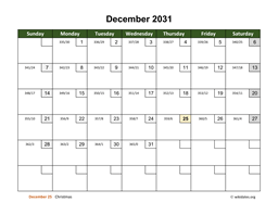 December 2031 Calendar with Day Numbers