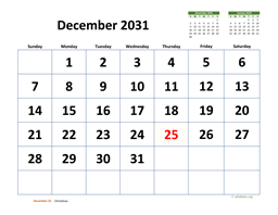 December 2031 Calendar with Extra-large Dates