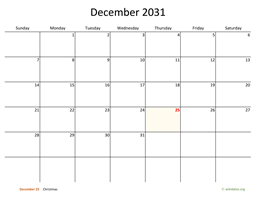December 2031 Calendar with Bigger boxes