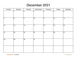 Basic Calendar for December 2031