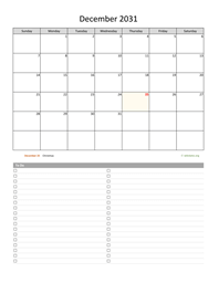 December 2031 Calendar with To-Do List