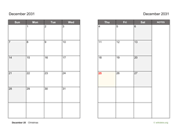 December 2031 Calendar on two pages