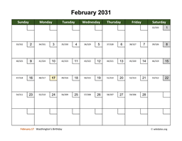 February 2031 Calendar with Day Numbers