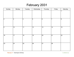 Basic Calendar for February 2031
