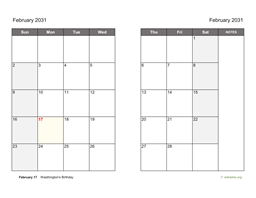 February 2031 Calendar on two pages
