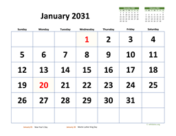 January 2031 Calendar with Extra-large Dates