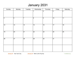 Basic Calendar for January 2031