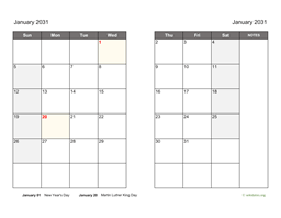 January 2031 Calendar on two pages