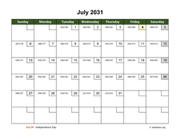 July 2031 Calendar with Day Numbers