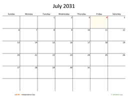 July 2031 Calendar with Bigger boxes
