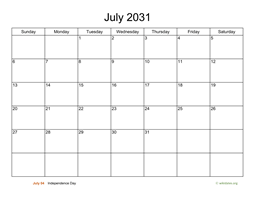 Basic Calendar for July 2031