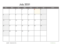 July 2031 Calendar with Notes
