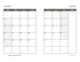 July 2031 Calendar on two pages