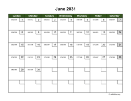 June 2031 Calendar with Day Numbers