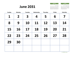 June 2031 Calendar with Extra-large Dates