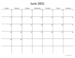 June 2031 Calendar with Bigger boxes