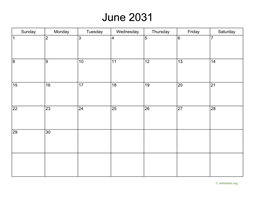 Basic Calendar for June 2031
