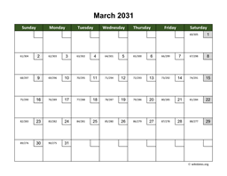 March 2031 Calendar with Day Numbers