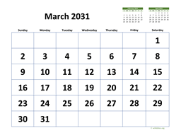 March 2031 Calendar with Extra-large Dates