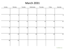 March 2031 Calendar with Bigger boxes