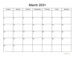 Basic Calendar for March 2031