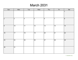 March 2031 Calendar with Weekend Shaded