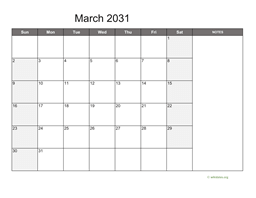 March 2031 Calendar with Notes