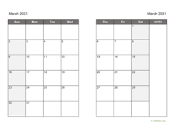 March 2031 Calendar on two pages