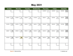 May 2031 Calendar with Day Numbers