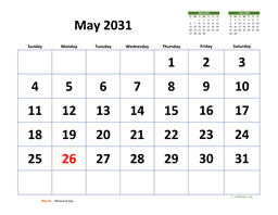 May 2031 Calendar with Extra-large Dates