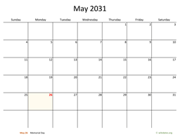 May 2031 Calendar with Bigger boxes