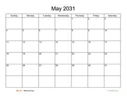 Basic Calendar for May 2031