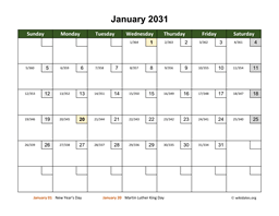 Monthly 2031 Calendar with Day Numbers