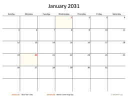 Monthly 2031 Calendar with Bigger boxes
