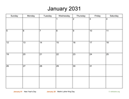 Monthly Basic Calendar for 2031