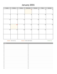 Monthly 2031 Calendar with To-Do List