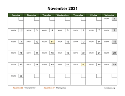 November 2031 Calendar with Day Numbers