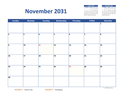 November 2031 Calendar Classic
