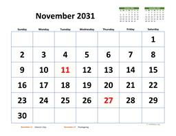 November 2031 Calendar with Extra-large Dates