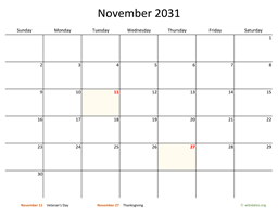 November 2031 Calendar with Bigger boxes