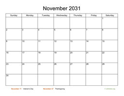 Basic Calendar for November 2031
