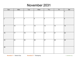 November 2031 Calendar with Weekend Shaded
