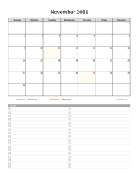 November 2031 Calendar with To-Do List